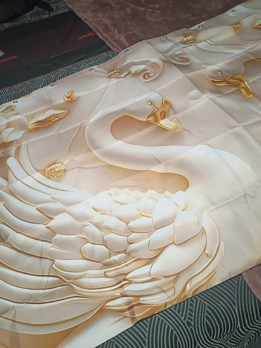 Elegant Gold and Cream Luxury Swan Bathroom Shower Curtain New